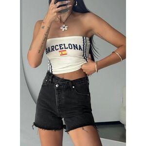 Princess Polly Xena Denim Shorts Black Asymmetric Waist Raw Hem Festival Size 8